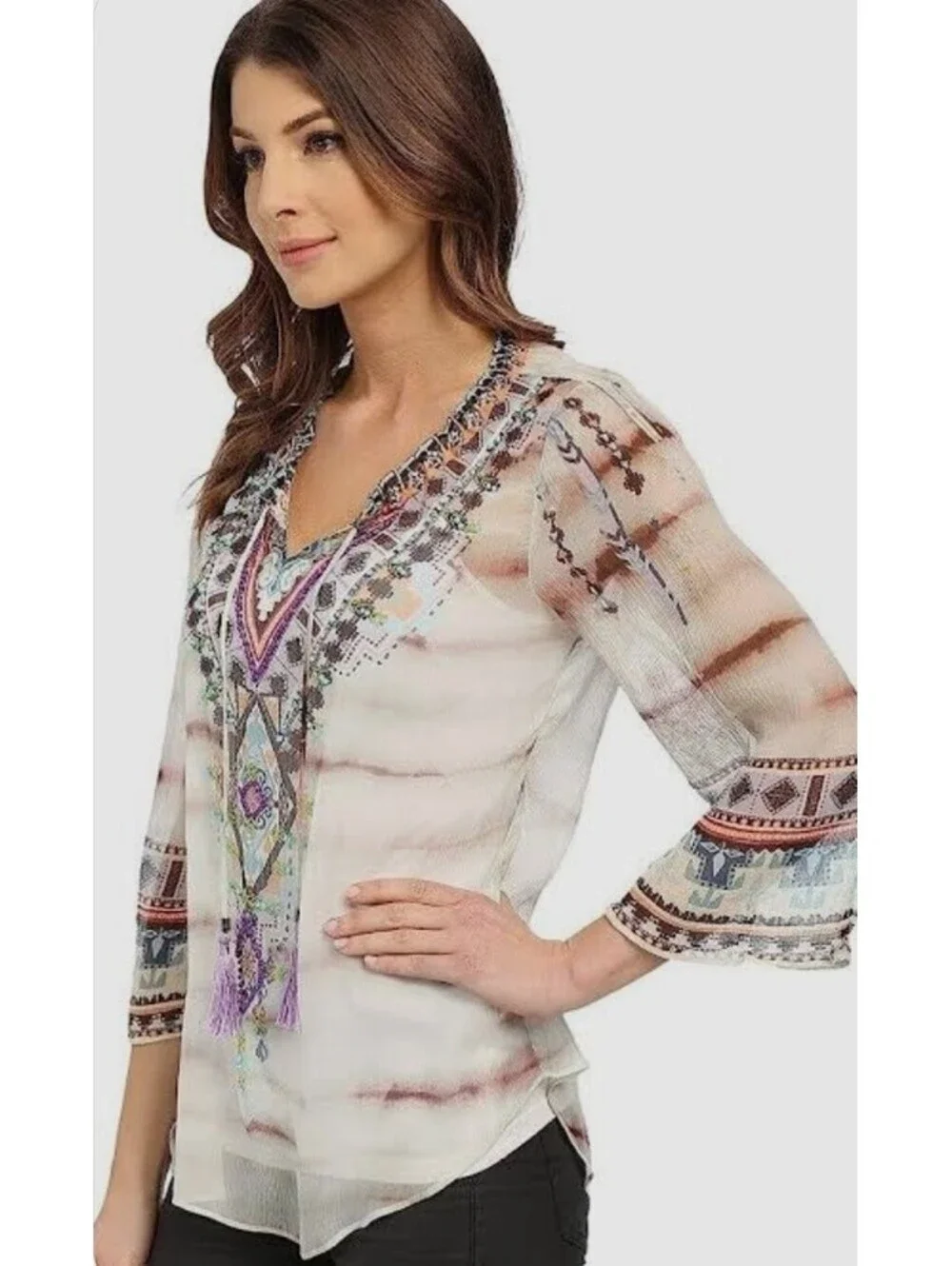 Hale Bob Women's Wearable Art Silk Crinkle Chiffon Beaded Detail Blouse Size M